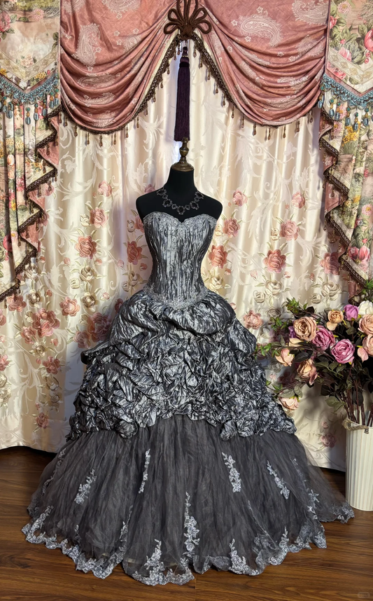 Vintage Grey A Line Sweetheart Neck Lace Satin Tulle Prom Dress Evening Dress Formal Dress SH3704