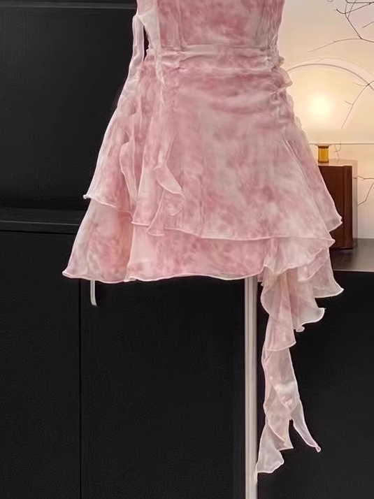 Sexy Halter Pink Floral Chiffon Holiday Dress Birthday Outfits S241