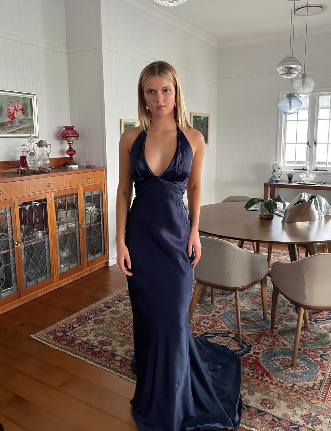 Navy Blue Sheath V Neck Satin Open Back Long Sweep Prom Dress Graduation Prom Dress SH2588