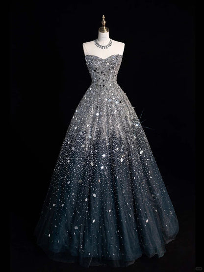 Black silver gorgeous sparkling elegant galaxy long sequined tulle floor-length ball gown evening dress gh4378