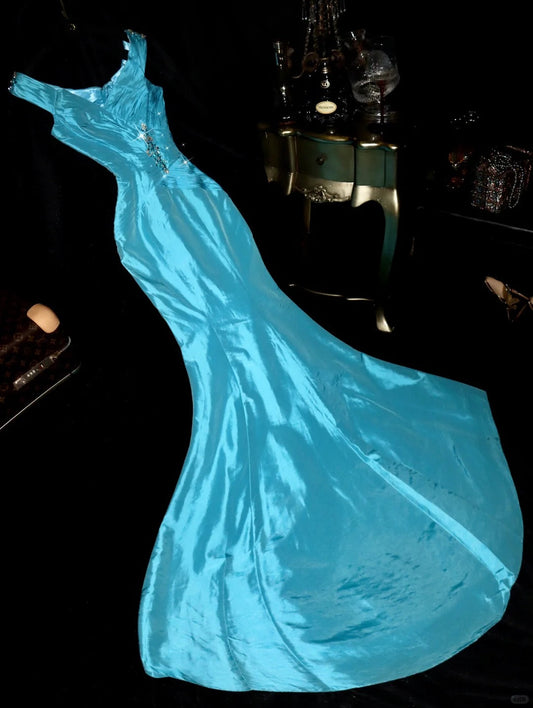 Blue Beaded Long Satin Ball Gown Evening Dress gh4425