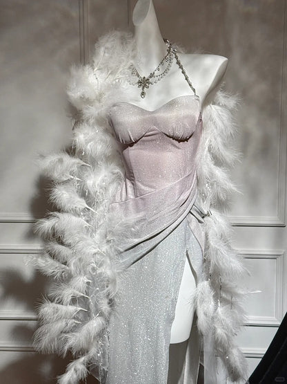 Pink silver shiny fashion modern gradient long satin elegant ball gown evening dress dinner dress gh4731