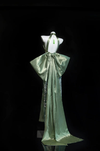 Green Elegant Exquisite Beaded Sequined Long Satin Mermaid Cheongsam Ball Gown Evening Gown Wedding Gown Party Dress gh4132