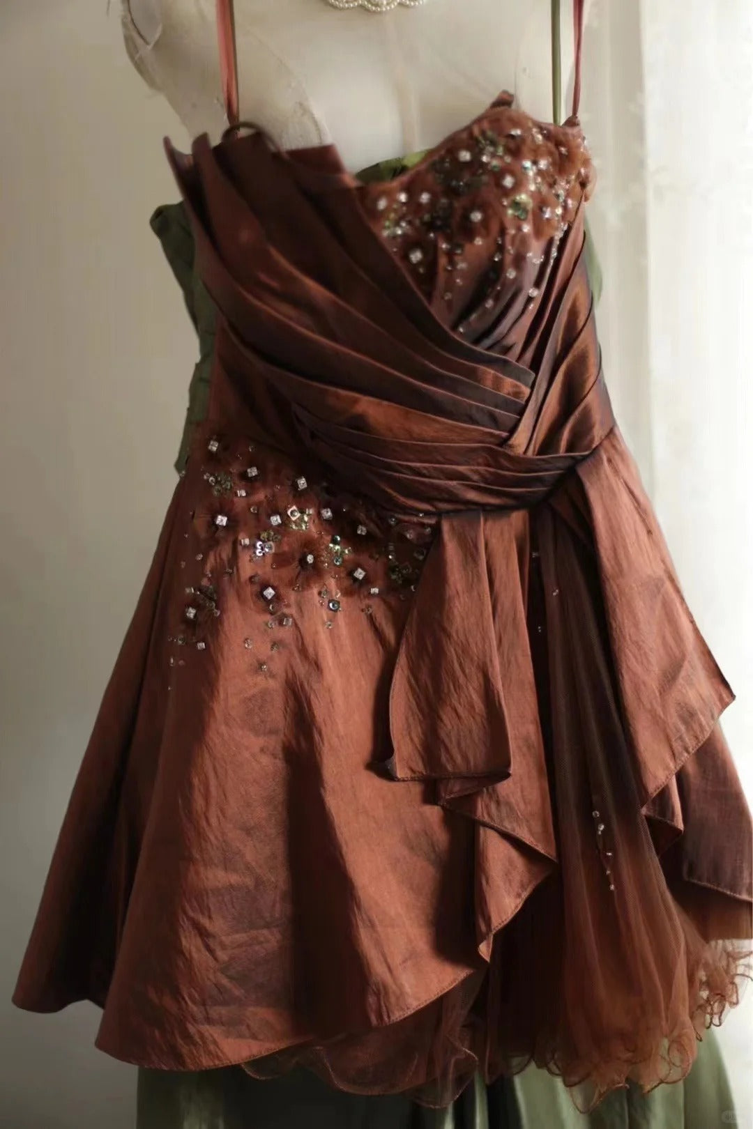 Brown retro palace puff short homecoming dress princess dress taffeta satin handmade beading adult ceremony birthday party gh4374