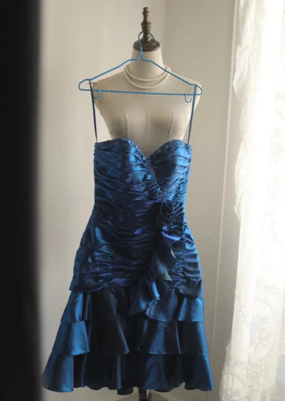 Blue Beaded Floral Homecoming Dress Short Satin Ball Gown Evening Gown Graduation Gown gh4495