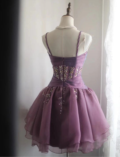 Purple retro palace puffy short homecoming dress princess dress taffeta satin organza handmade beaded adult ceremony birthday party gh4373