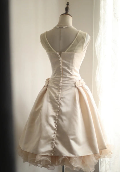 Champagne Delicate Pearl Beads Fashion Short Tulle Satin Princess Dress Wedding Dress Homecoming Dress Birthday Party Dress Cocktail Party Dress Evening Dress Prom Dress Evening Dress gh3969