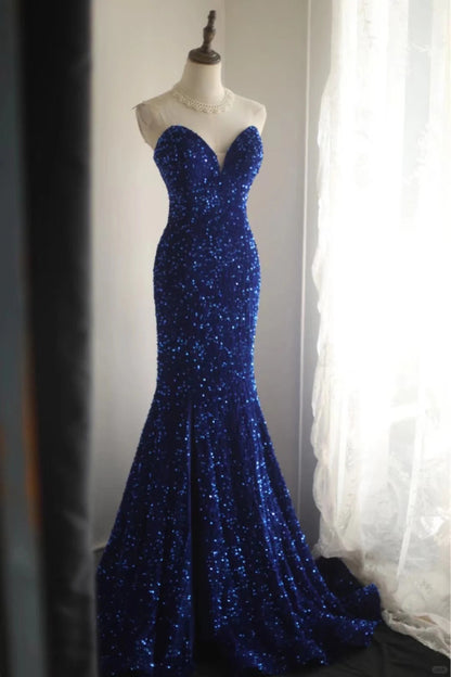 Royal blue fishtail evening dress custom velvet Sequins beaded side slit pleated wedding adult ceremony birthday party gh4326