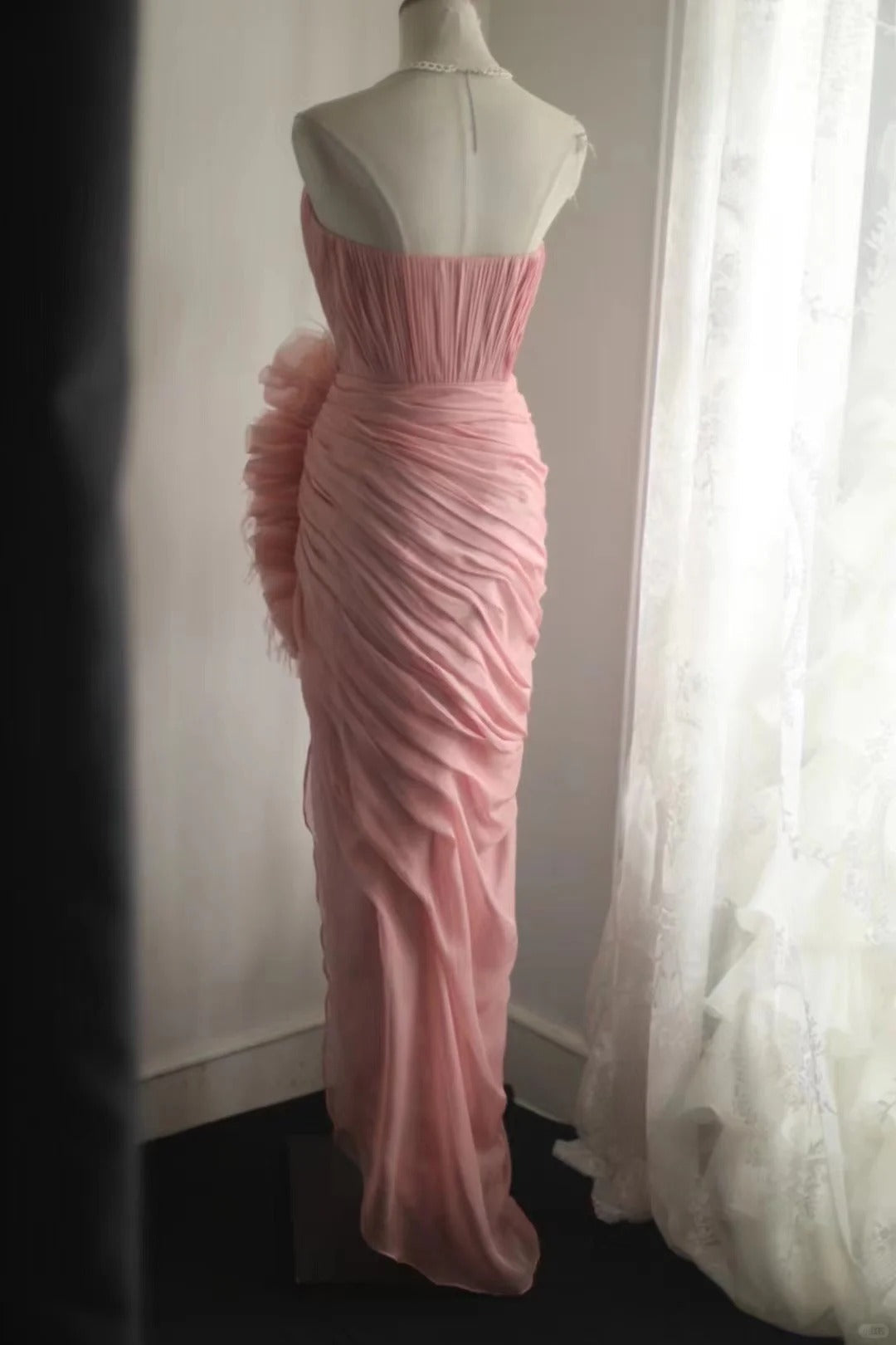 Pink elegant unique long tulle bias cut irregular pleated fishtail ball gown dinner party evening dress wedding adult ceremony birthday party gh4079
