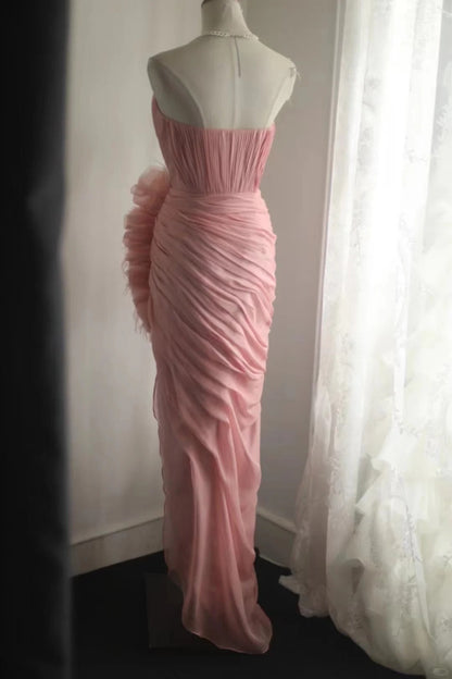 Pink elegant unique long tulle bias cut irregular pleated fishtail ball gown dinner party evening dress wedding adult ceremony birthday party gh4079