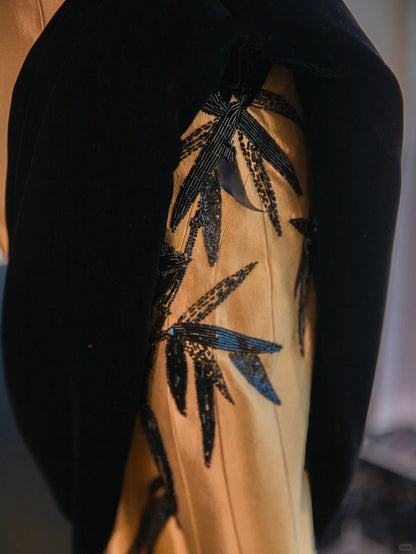 Gold Beaded Long Floor Length Satin Ball Gown Evening Gown Graduation Gown gh4554