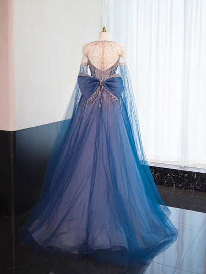 Blue gorgeous shiny beaded long floor-length tulle ball gown evening gown graduation gown gh4553