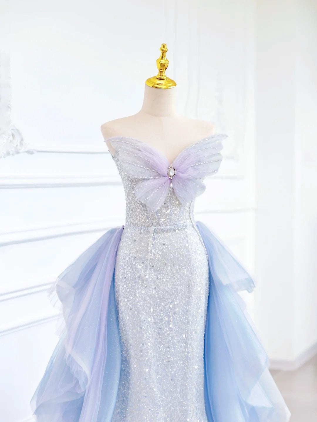 _Blue Butterfly Gorgeous Shiny Elegant Sequined Long Mermaid Tulle Ball Gown Evening Dress gh4272