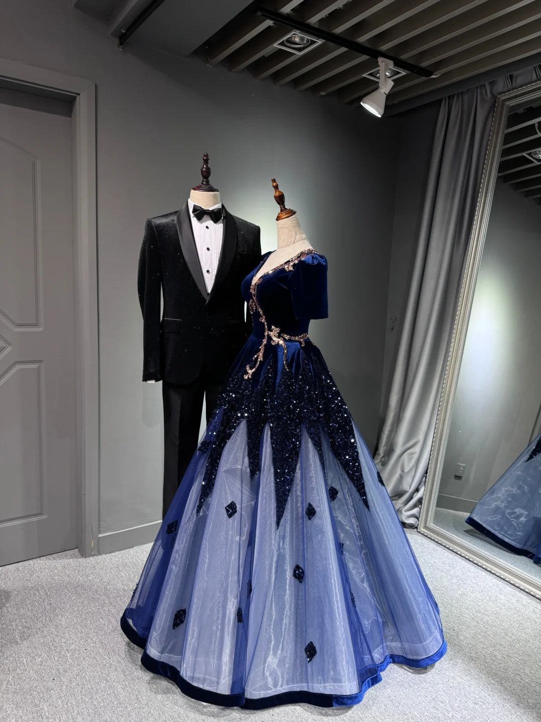 preppydressess -Blue shiny long sequined tulle ball gown evening dress graduation dress gh5110