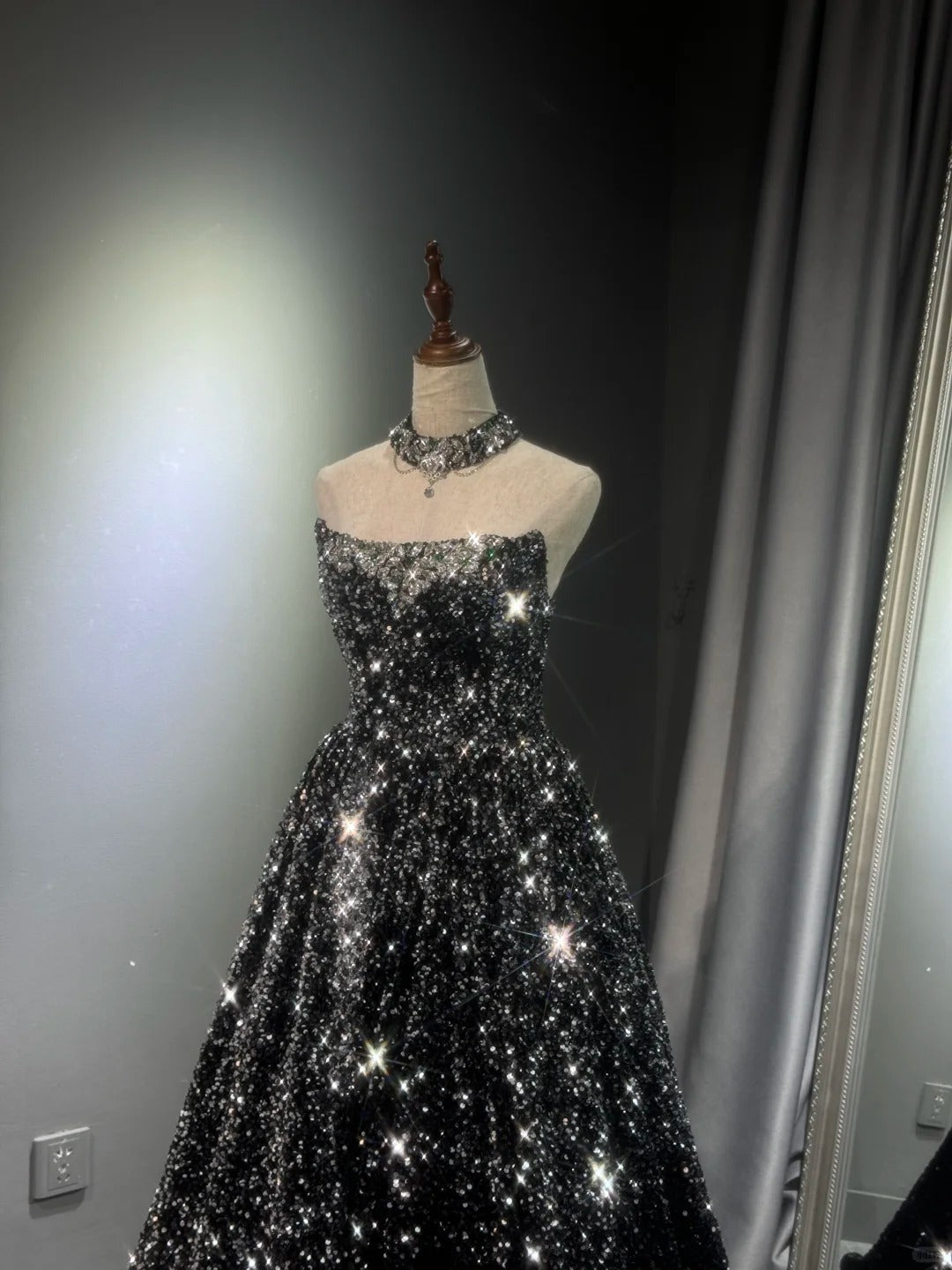 preppydressess -Black silver gradient shimmering long sequined tulle ball gown evening dress gh5109