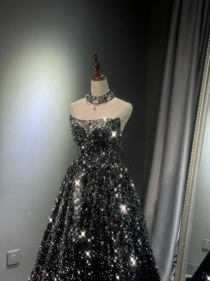 preppydressess -Black silver gradient shimmering long sequined tulle ball gown evening dress gh5109