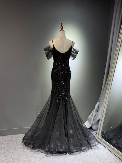 preppydressess -Black shiny mermaid long sequined ball gown evening dress graduation dress gh5112