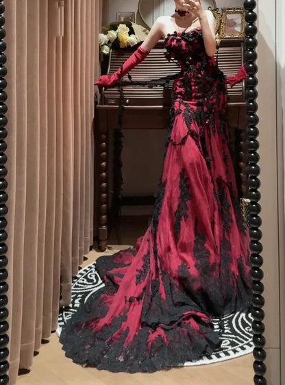 Burgundy Mysterious Red Rose Gorgeous Exquisite Lace Tulle Long Floor-Length Trailing Ball Gown Evening Gown gh4253