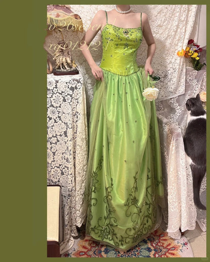 Green exquisite beaded vintage fashion floral long satin tulle ball gown evening dress gh4433