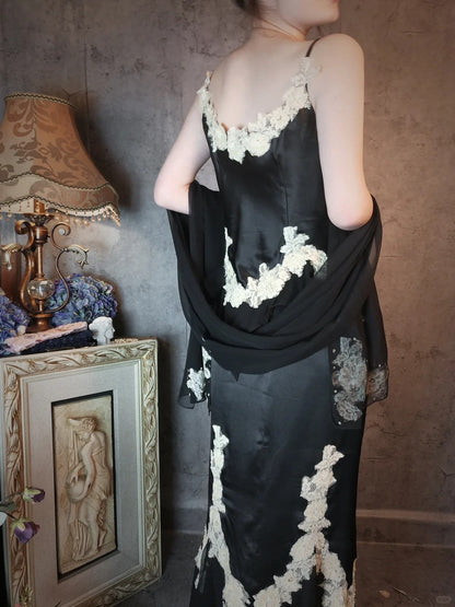 Beautiful black and white vintage satin shawl elegant romantic ball gown evening dress party dress gh4804