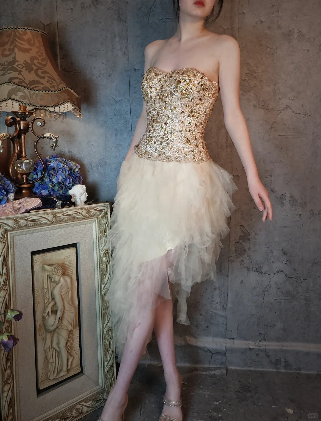 Ivory white gorgeous beautiful vintage long tulle yellow crystal beaded princess style fluffy ball gown evening dress party dress gh4796