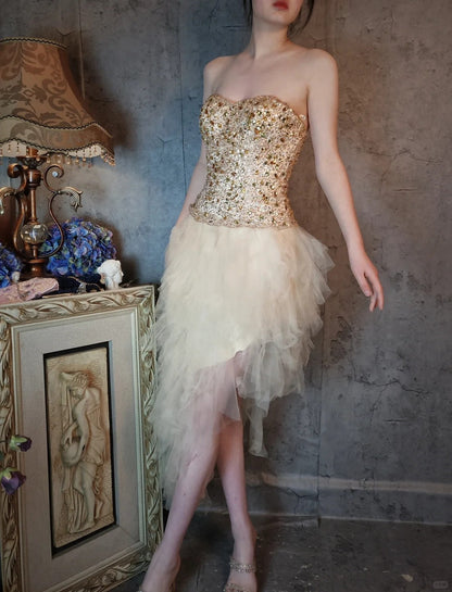 Ivory white gorgeous beautiful vintage long tulle yellow crystal beaded princess style fluffy ball gown evening dress party dress gh4796