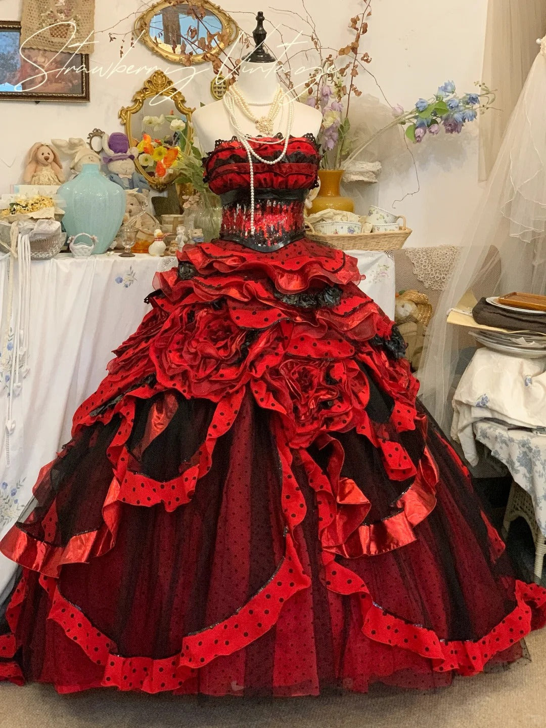 Red long tulle ball gown evening dress Quinceanera Dresses gh4576