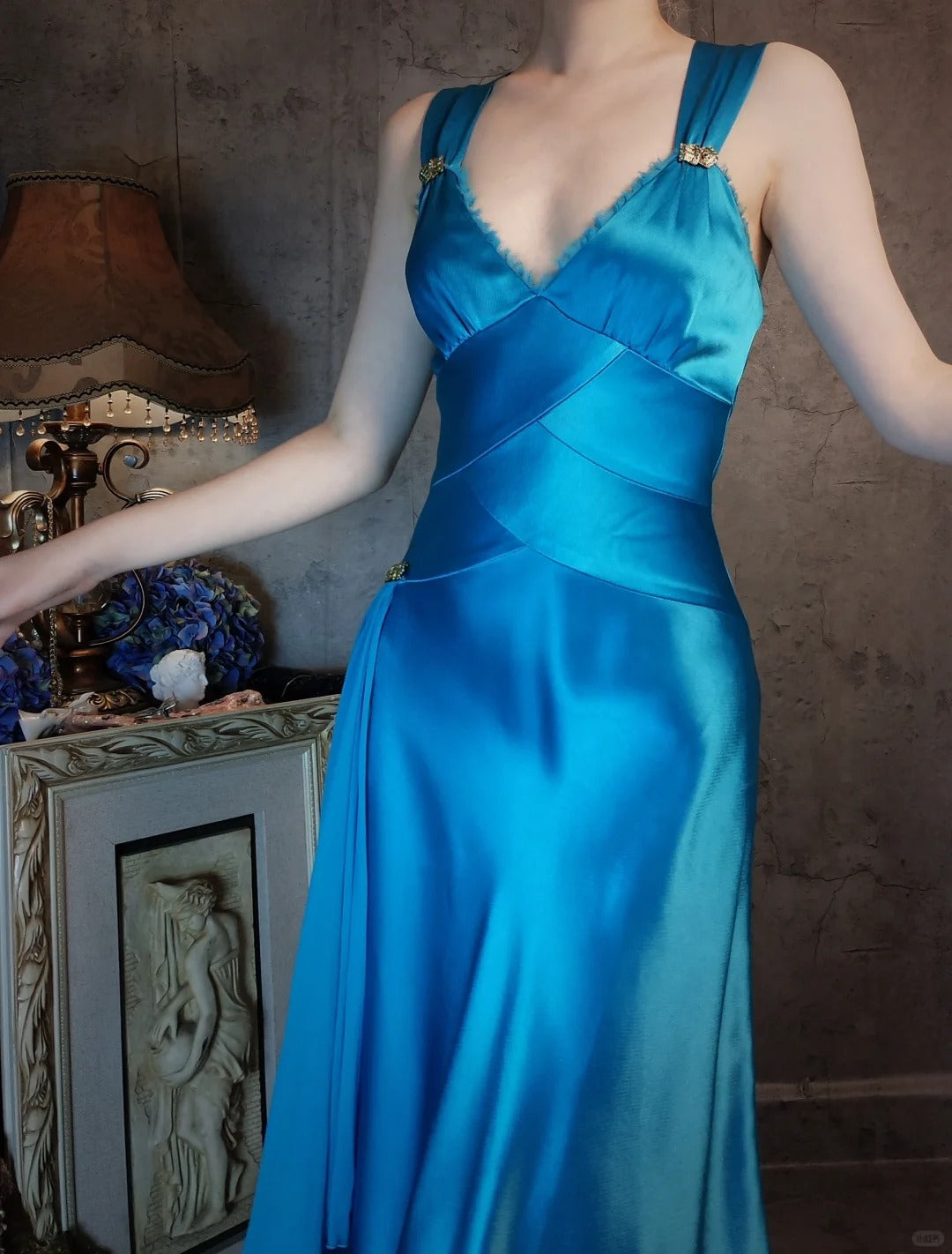 Ocean blue homecoming dress vintage ribbon beautiful satin retro elegant long satin prom dress evening dress party dress gh4806