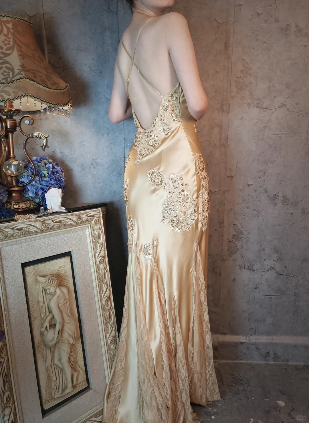 Champagne gold satin beautiful vintage beaded lace ball gown evening dress party dress gh4793