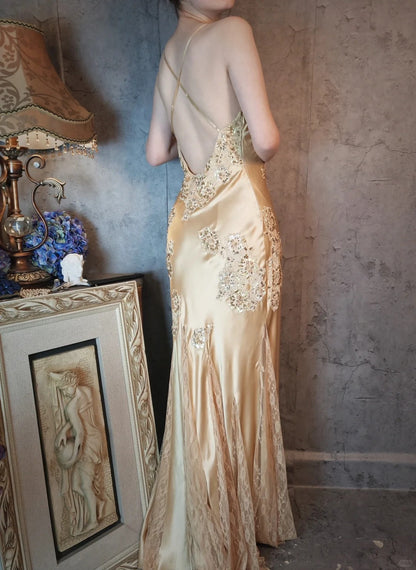 Champagne gold satin beautiful vintage beaded lace ball gown evening dress party dress gh4793
