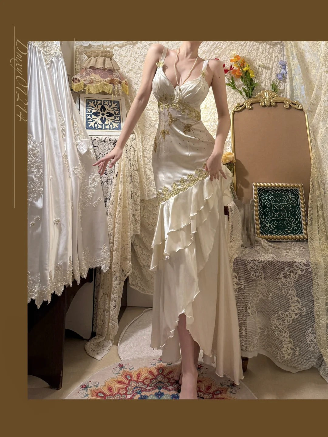 Ivory Exquisite Gold Beading Long Satin Mermaid Slim Fit Ruffle Ball Gown Evening Gown Party Dress gh4252