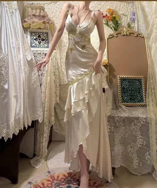 Ivory Exquisite Gold Beading Long Satin Mermaid Slim Fit Ruffle Ball Gown Evening Gown Party Dress gh4252