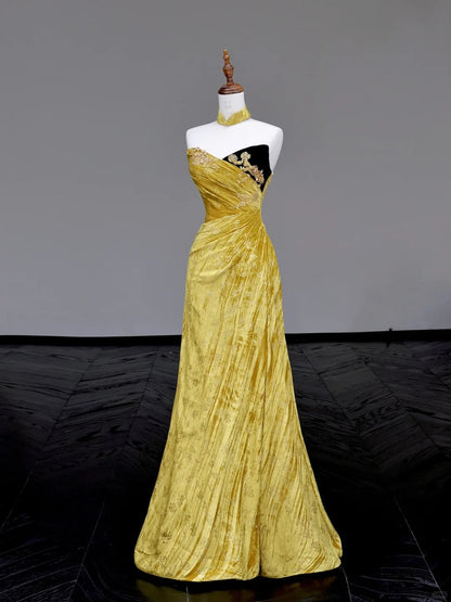 preppydressess -Yellow floral long velvet prom dress evening dress party dress gh5117