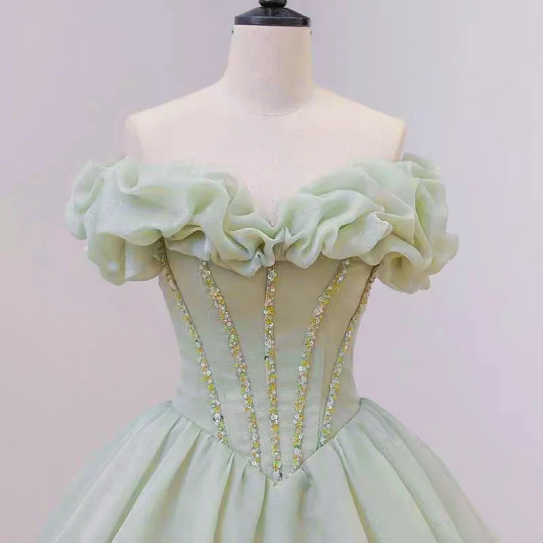 Green fairy gentle beaded long satin ball gown evening dress gh4359