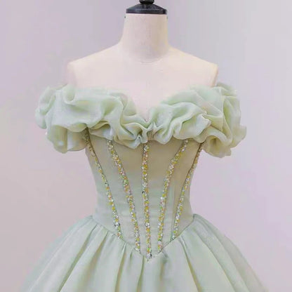 Green fairy gentle beaded long satin ball gown evening dress gh4359