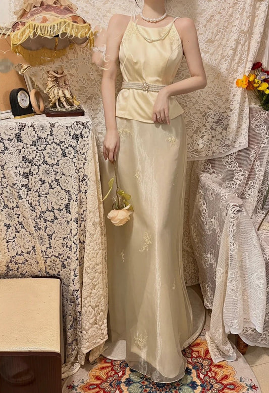 Yellow floral long chiffon chiffon party dress evening dress graduation dress two-piece set gh4506