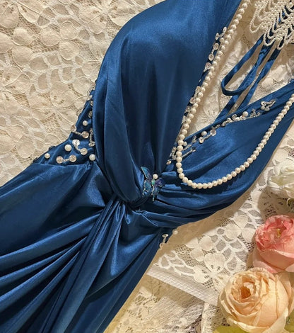 Blue Beaded Elegant Long Satin Ball Gown Evening Gown Party Dress gh4460