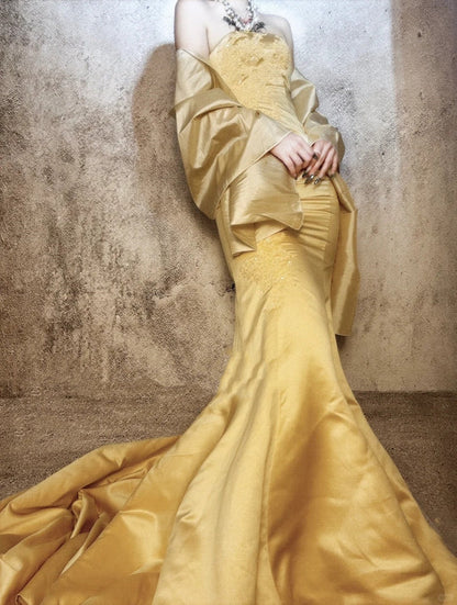 Yellow gorgeous exquisite beaded long satin ball gown evening dress party dress gh4499