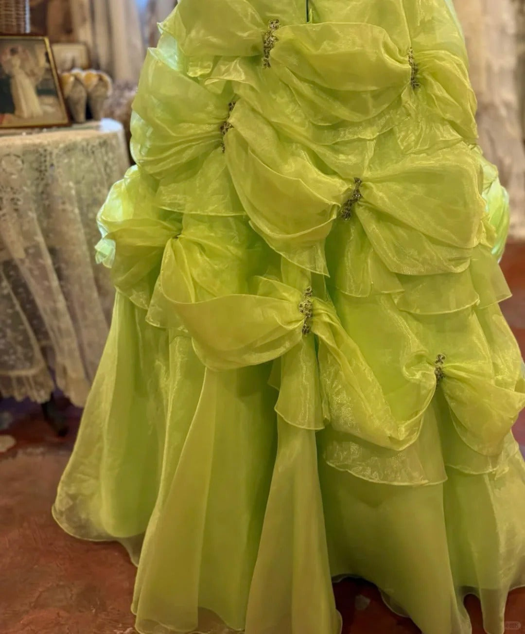 preppydressess-Green beaded long tulle vintage elegant ball gown evening dress gh5044