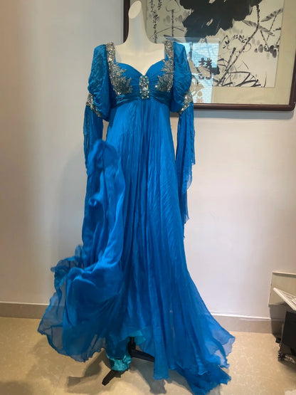 Blue Vintage Long Sleeve Beaded Long Chiffon Prom dresses Evening Gown Party Dress gh4941