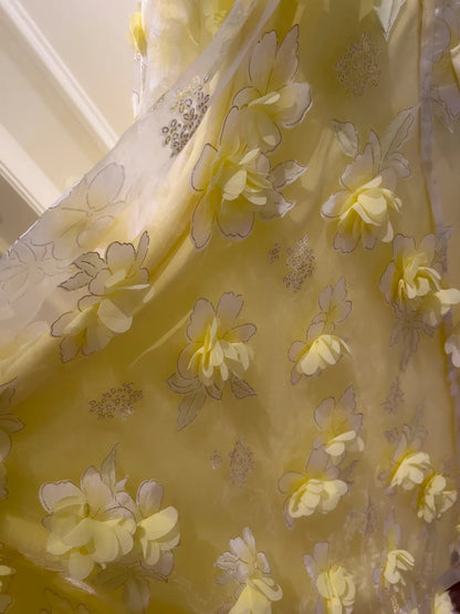 Yellow Floral Spaghetti Strap Chiffon Party Dress gh4948