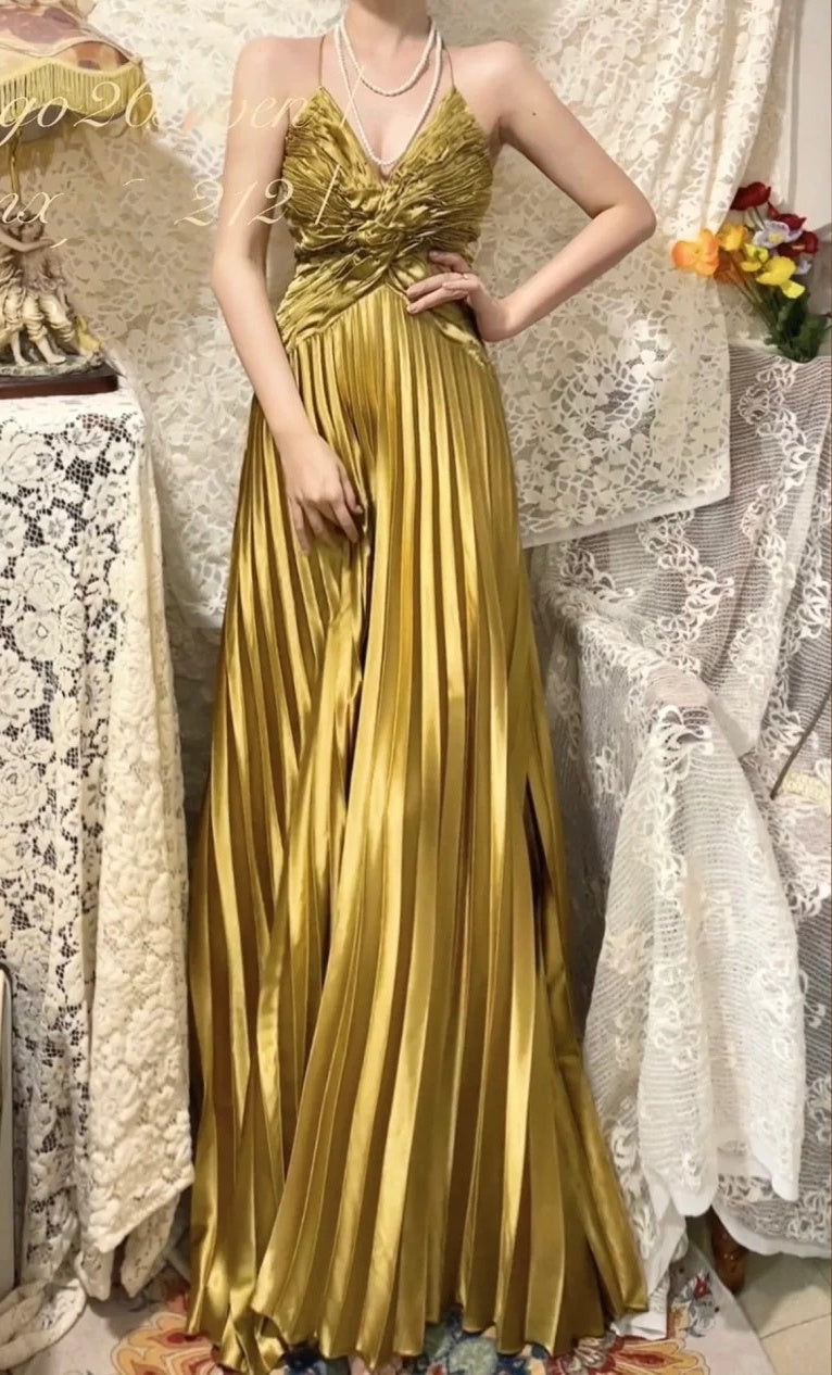 Gold metal bead embellishment long satin ball dress, evening dress, graduation dress gh4507