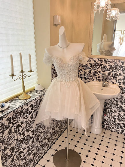 White Sparkly Beaded Short Tulle Cute Sweet Homecoming Dress Birthday Party Dress Wedding Dress gh4263