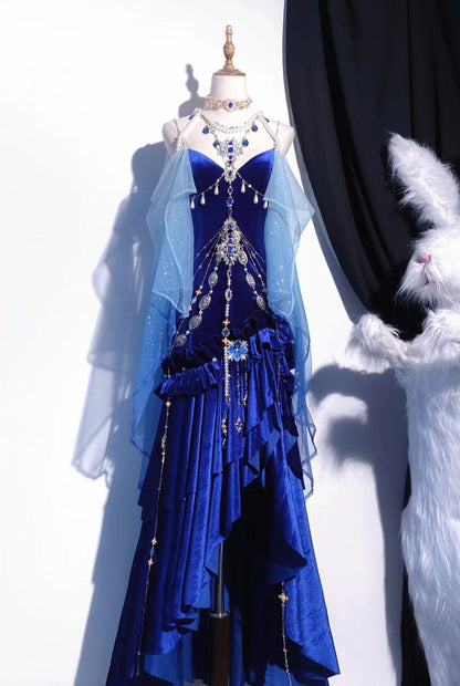 Blue/Burgundy Gorgeous Elegant Delicate Beaded Spaghetti Strap Long Ruffled Velvet Ball Gown Evening Gown Party Dress gh4169