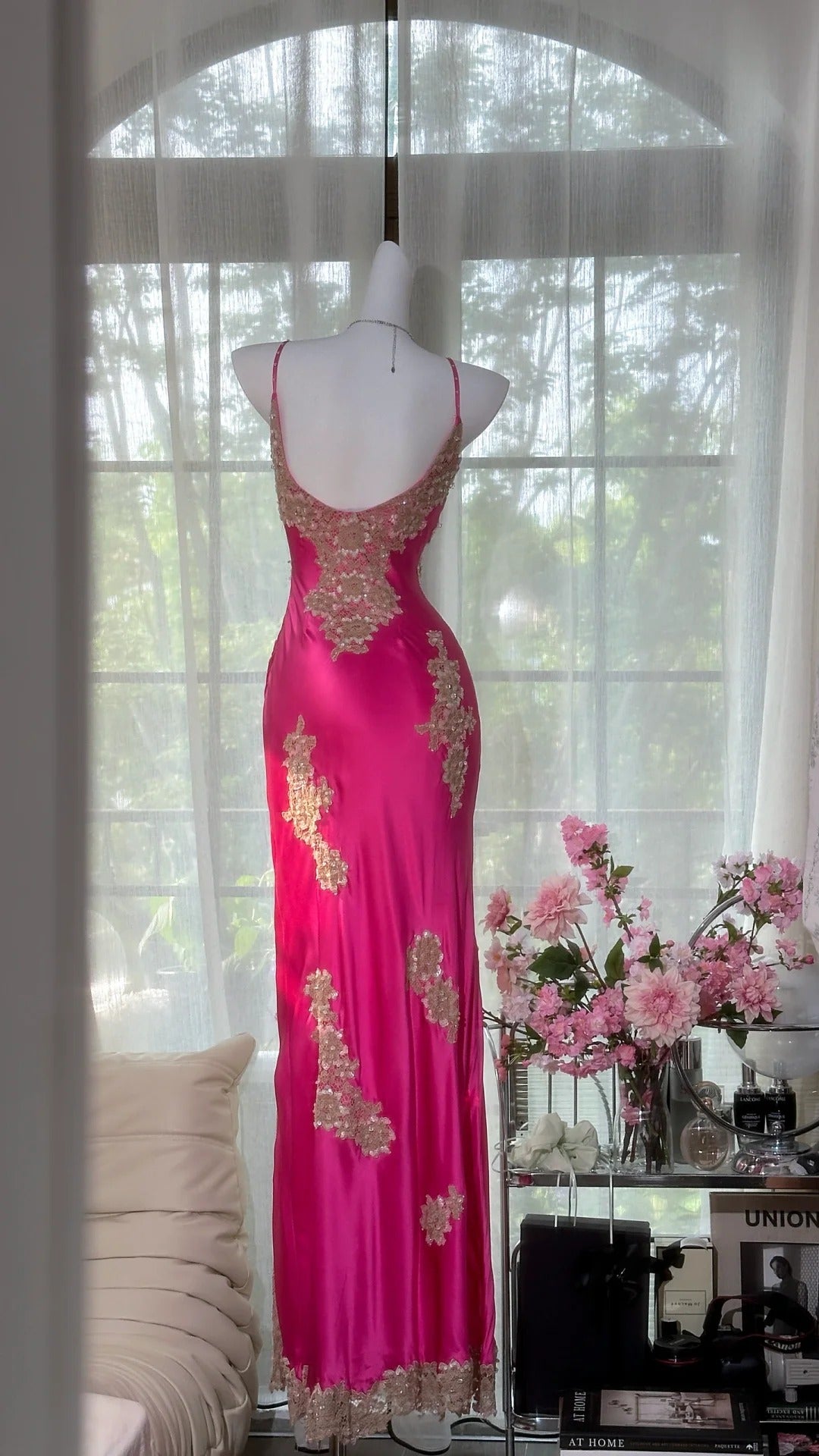 Pink floral ball gown long satin date dress evening dress birthday dress wedding dress gh4533
