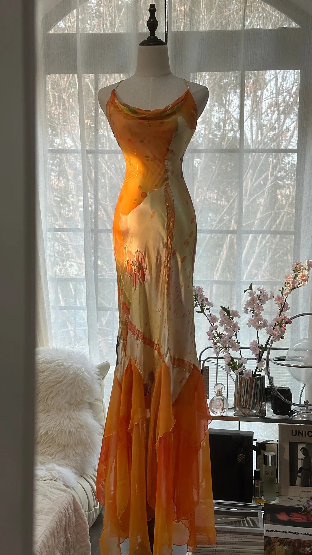 Orange Delicate Floral Spaghetti Strap Long Satin Chiffon Ball Gown Evening Dress Party Dress gh4093