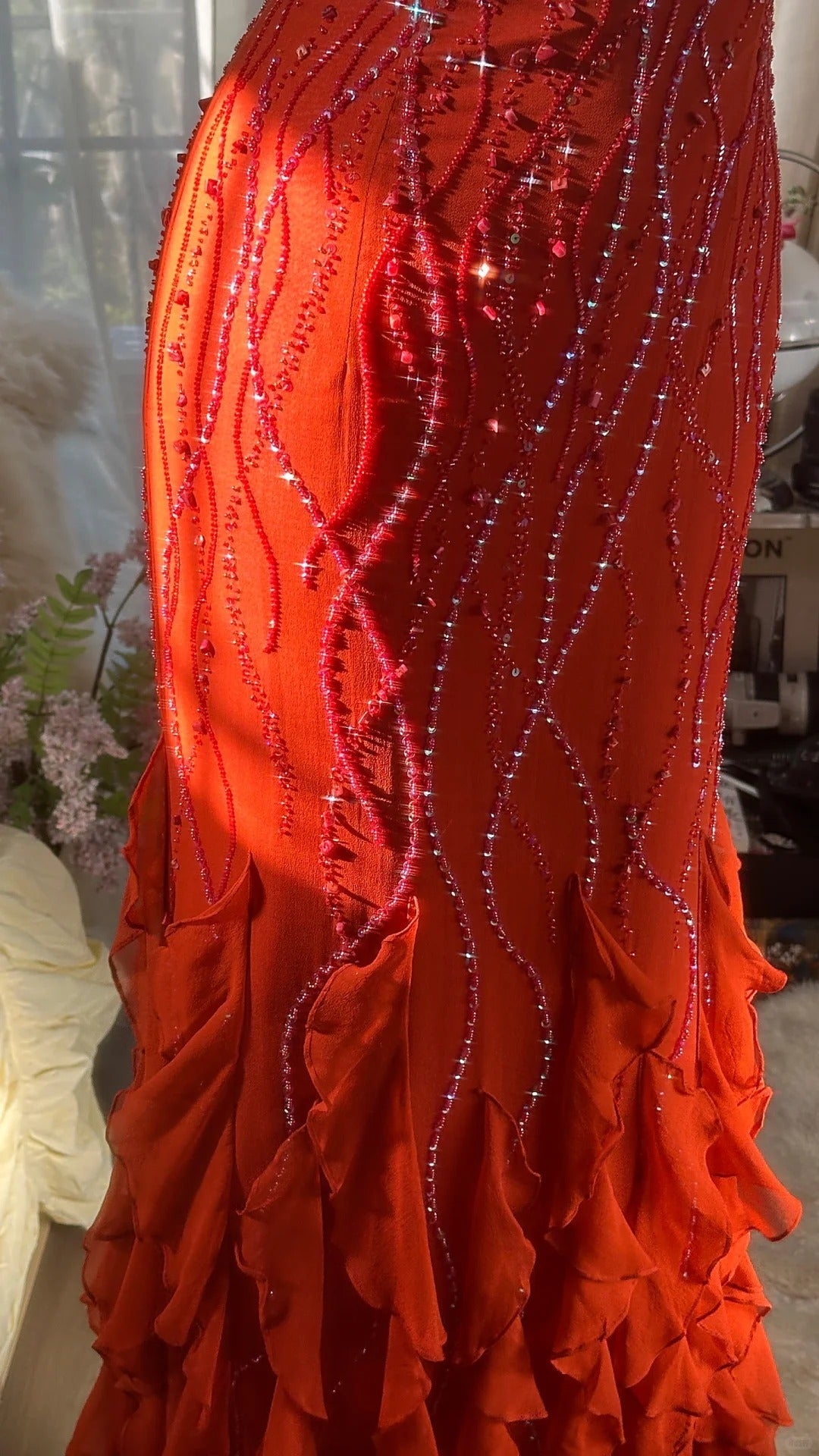 Orange Beautiful Charming Fashion Elegant Shiny Exquisite Beaded Long Chiffon Ball Gown Evening Gown Birthday Party Gown Prom Gown Graduation Gown gh3947