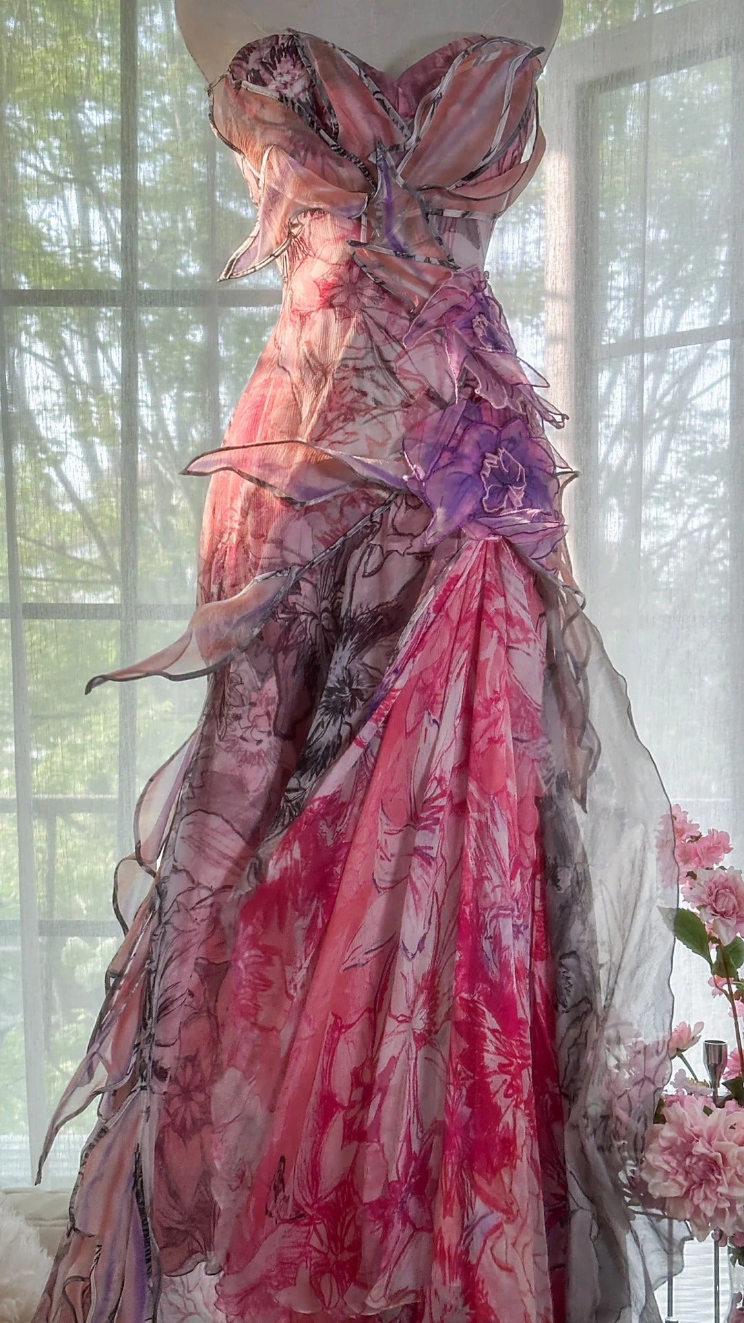 Pink Elegant Romantic Exquisite Floral Long Chiffon Ball Gown Evening Dress Party Dress Prom Dress gh4003