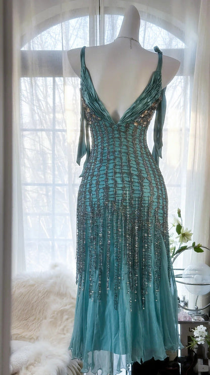 Green Luxury Gorgeous Retro Fashion Exquisite Tassel Beaded Mid-Length Chiffon Ball Gown Birthday Party Dress Evening Dress Prom Dress gh3973