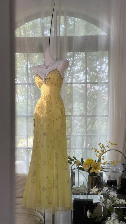 Yellow Gorgeous Exquisite Beaded Backless Spaghetti Strap Long Chiffon Ball Gown Evening Dress Birthday/Holiday Party Dress Prom Dress gh4063